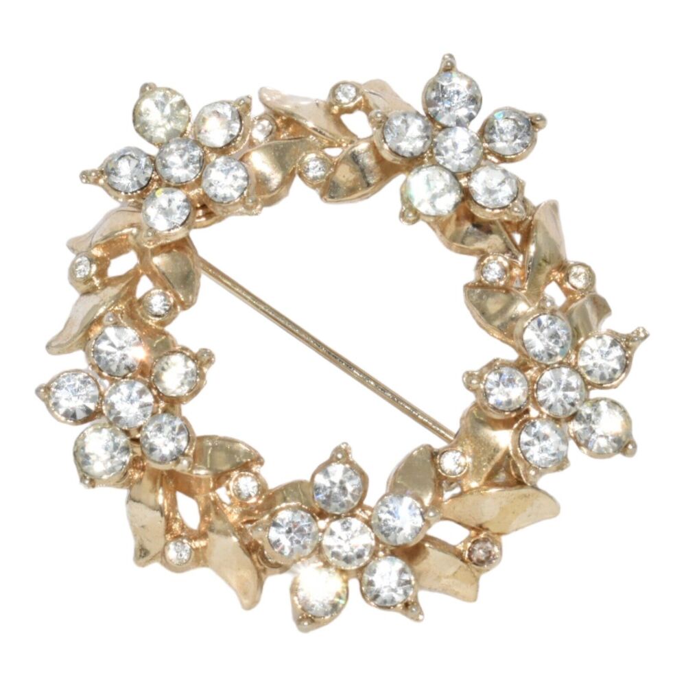 Vintage Goldtone Rhinestone Flower Brooch Wreath Pin Missing 1 Stone
